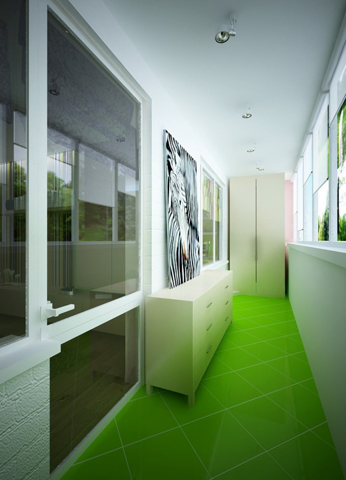 green tiles on the floor in the balcony interior