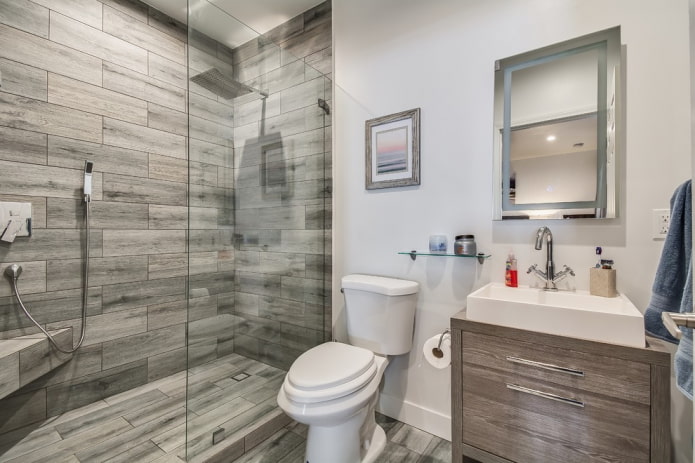 shower with wood-effect tiles in the bathroom interior
