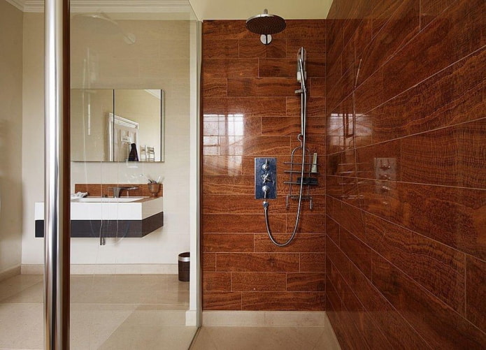 shower with wood-effect tiles in the bathroom interior