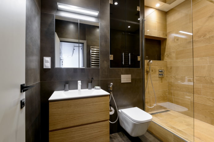 shower with wood-effect tiles in the bathroom interior