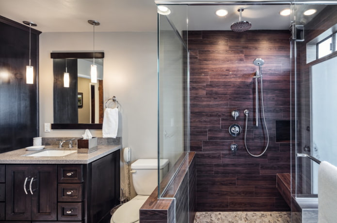 wood-like tiles in the bathroom interior