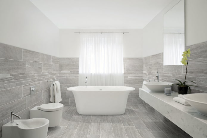 wood-like tiles in the bathroom interior