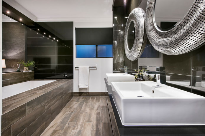 bathroom screen with wood-like tiles in the bathroom interior