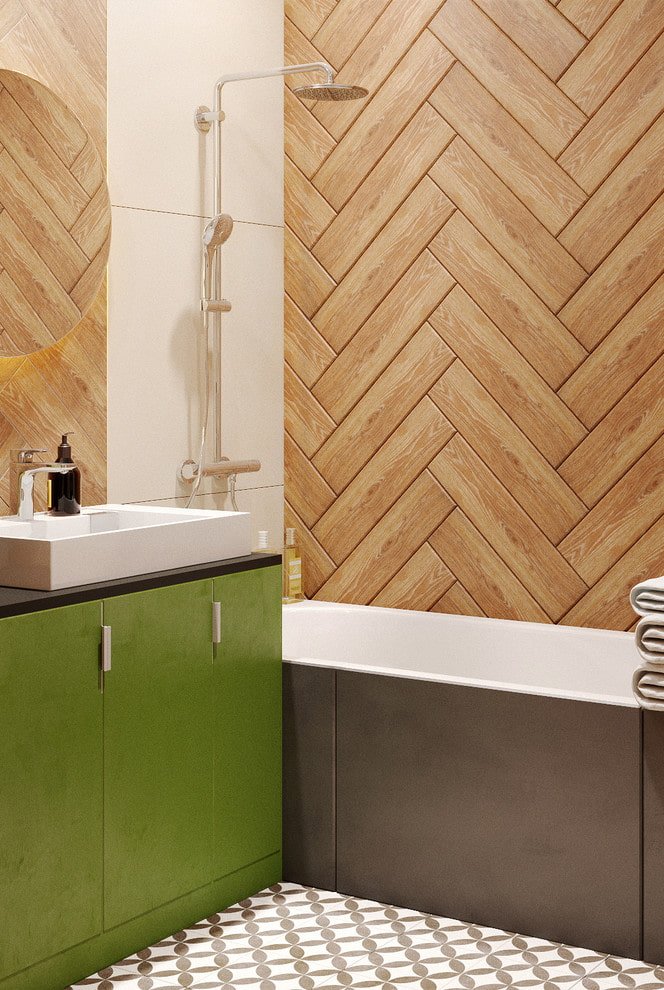 layout of wood-look tiles in the bathroom interior