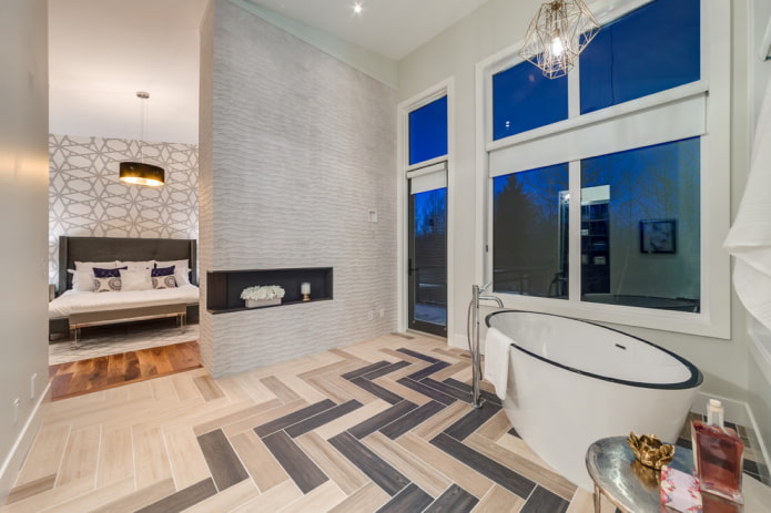 layout of wood-like tiles in the bathroom interior