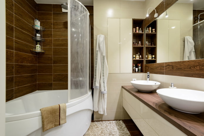 wood-like tiles in the bathroom interior