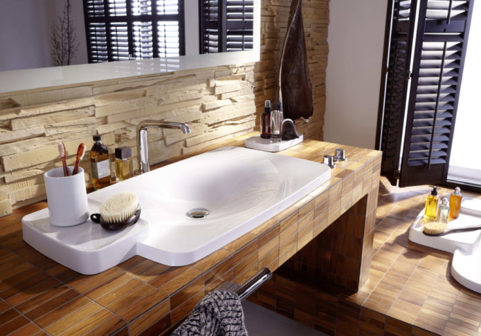 countertop with wood-effect tiles in a bathroom interior