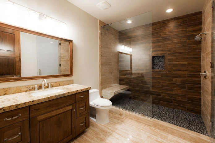 wood-like tiles in the bathroom interior