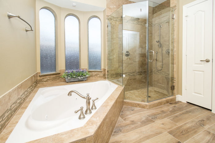 wood-like tiles in a bathroom in a classic style
