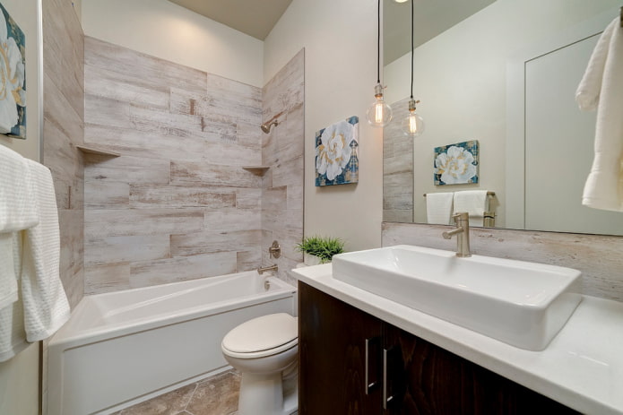 wood tile design in the bathroom interior