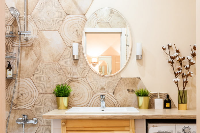 wood-like tiles in a bathroom in scandinavian style