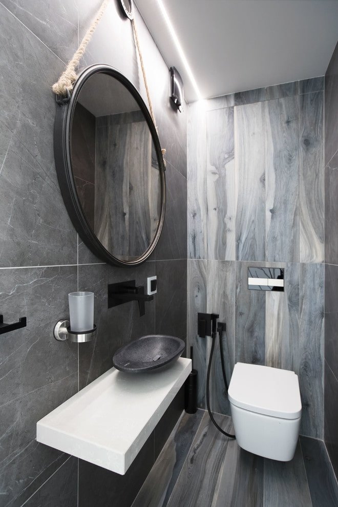 wood-effect tiles in a bathroom interior