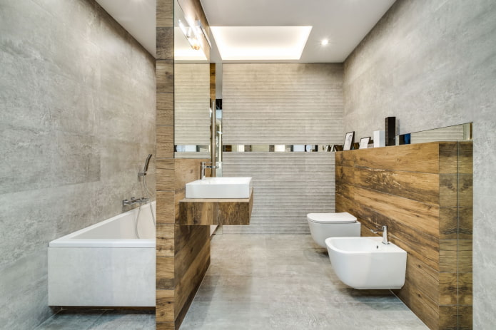 combination of wood tile with concrete in the bathroom interior