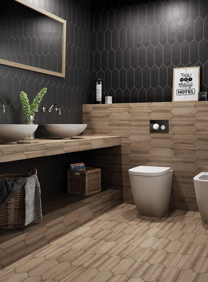 wood-effect tiles in a bathroom interior