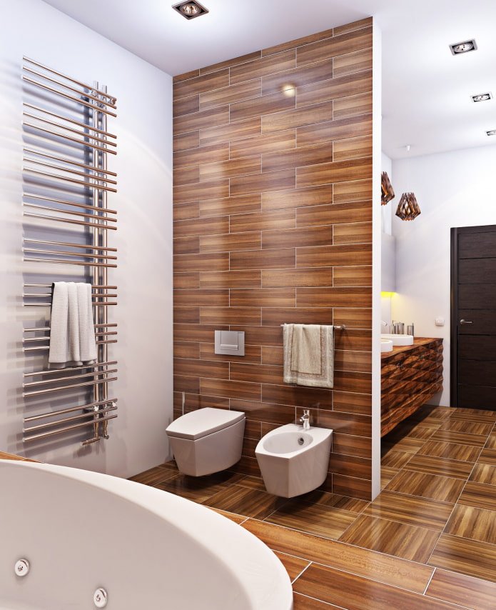wood-like tile in the bathroom interior