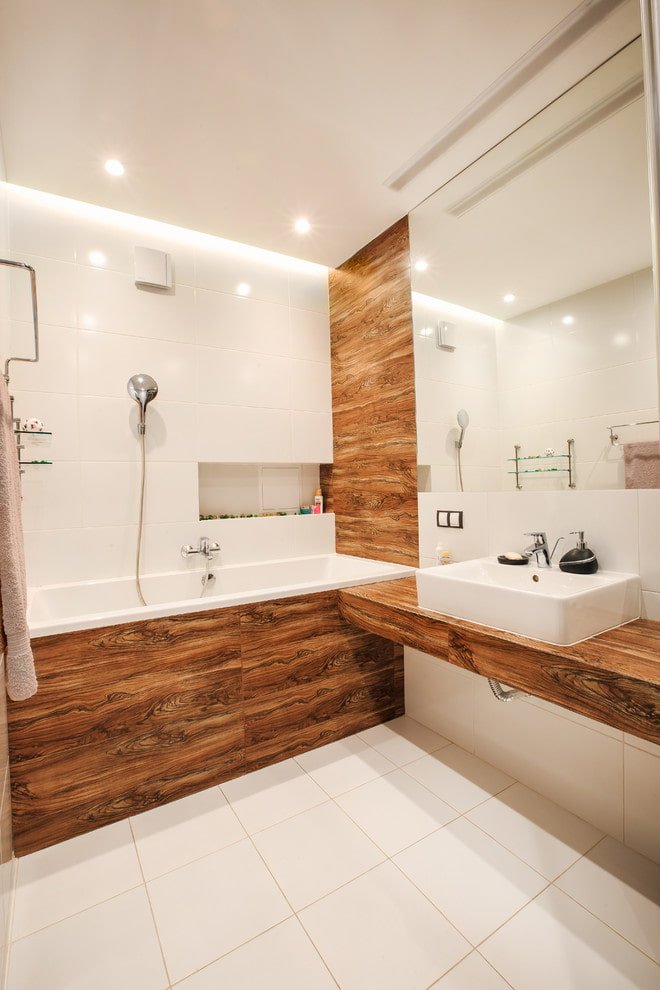 wood-like tile in the bathroom interior