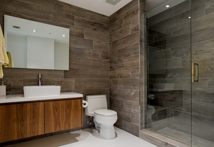 wood-like tile in the bathroom interior