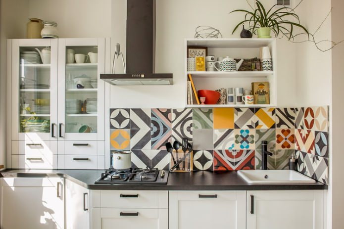 patchwork tile on the kitchen backsplash