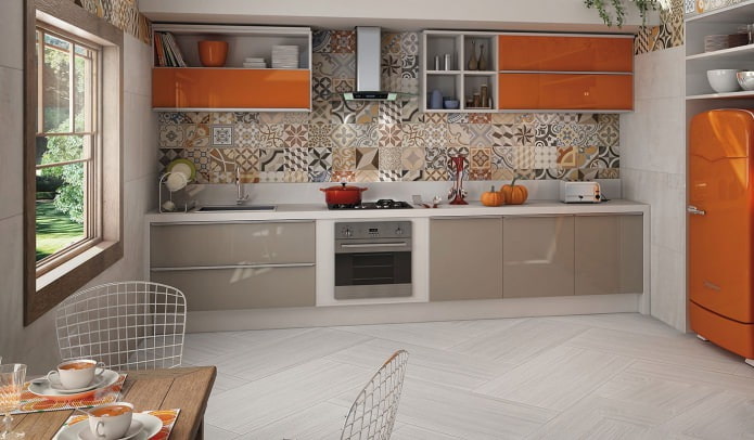 Patchwork tiles on the kitchen backsplash