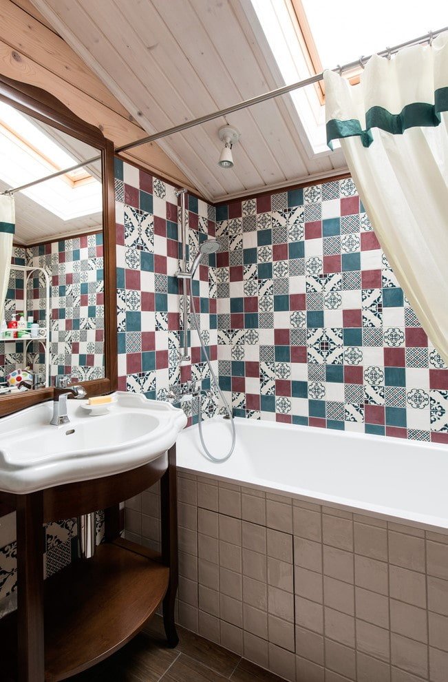 square tile finish in the bathroom interior