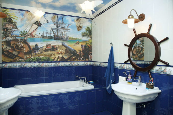 tiles in the bathroom interior in a marine style