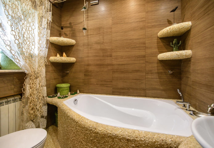brown tiles in the bathroom interior