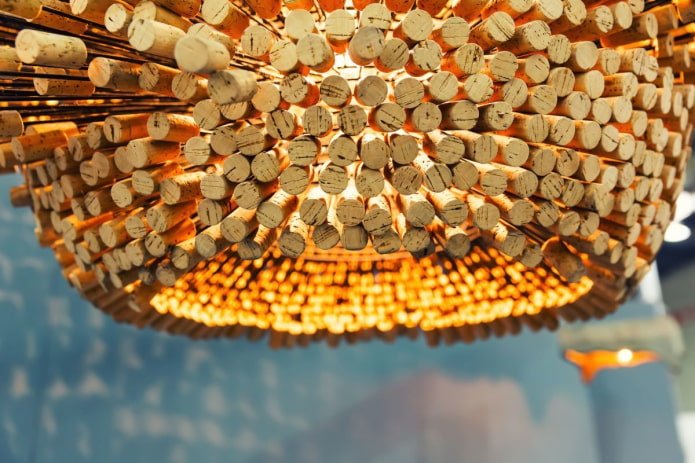 chandelier made of corks and metal needles