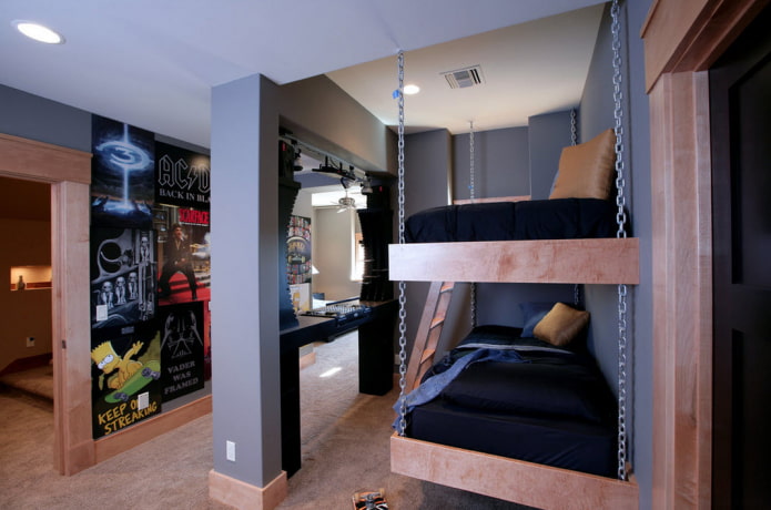 hanging two-level bed in the interior