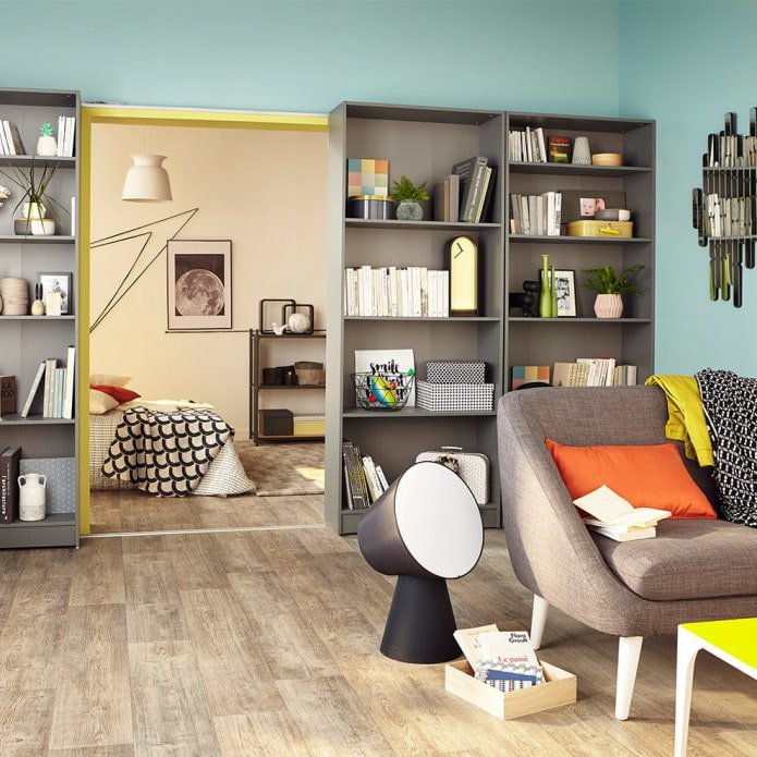 gray-blue interior with plain walls