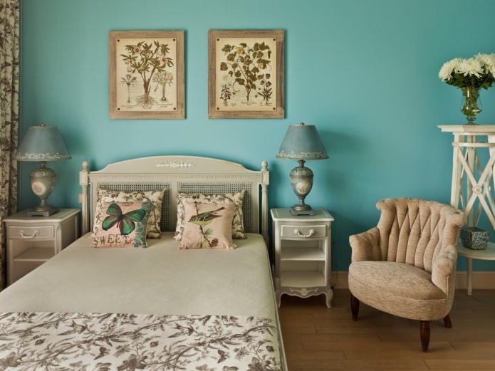 turquoise bedroom in Provence style with monochromatic wall paint