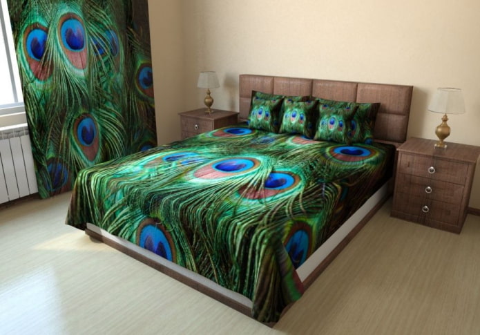 bed with a bedspread with photo printing in the bedroom