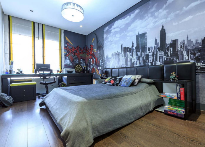 teenage bed with a bedspread in a boy's room