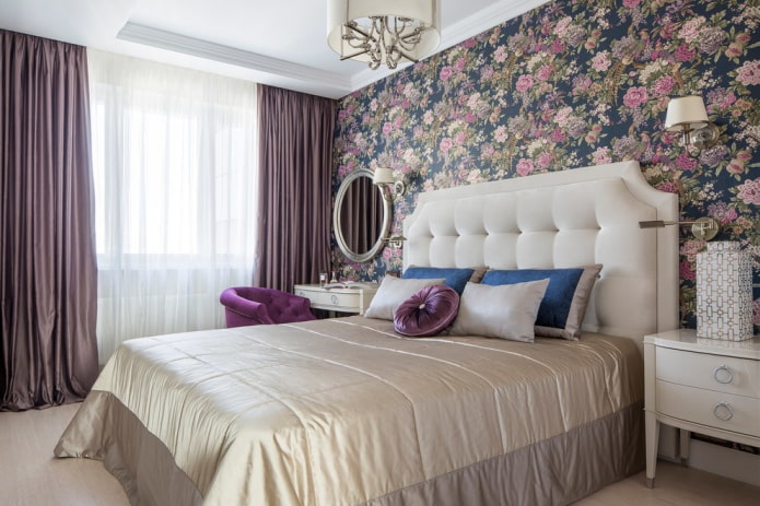 bed with a beige bedspread in the bedroom