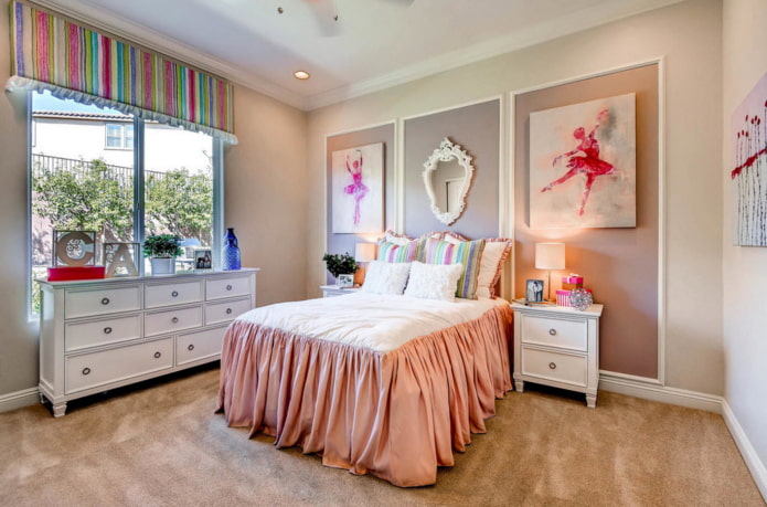 teenage bed with a bedspread in a girl's room