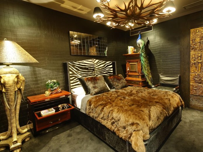 bed with a fur bedspread in the interior