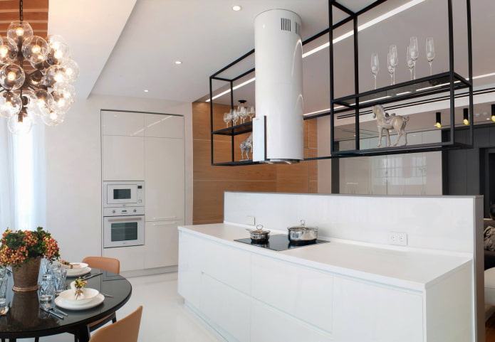 shelves under the ceiling in the kitchen interior