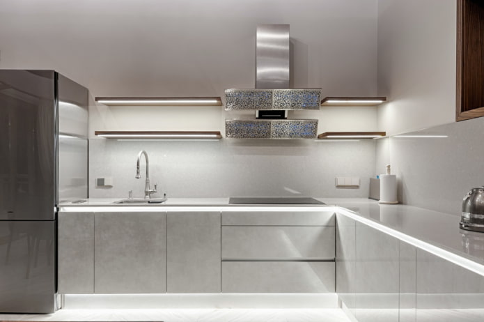 shelves with backlighting in the kitchen interior