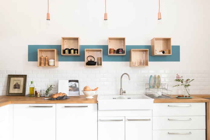 shelves on an apron in the kitchen interior
