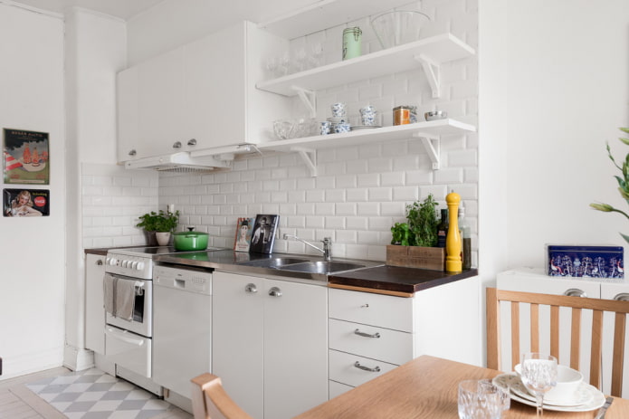 shelves in the interior of the kitchen in Scandinavian style