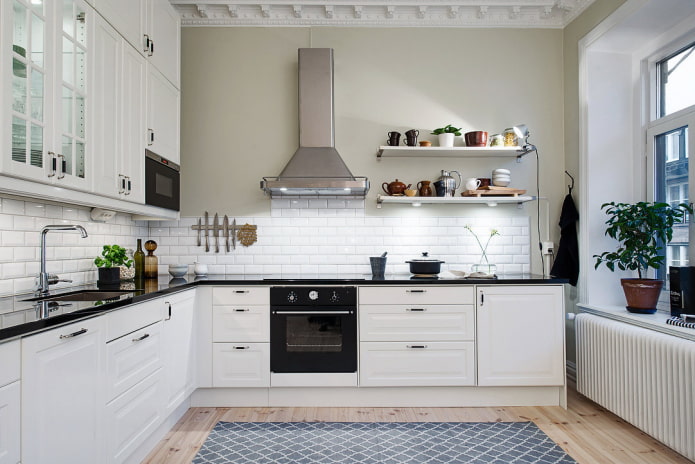 shelves in the interior of the kitchen in Scandinavian style