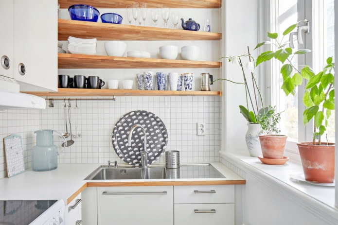 shelves in the interior of the kitchen in Scandinavian style