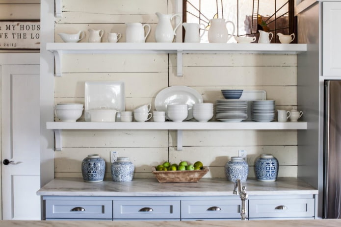 shelves in the interior of the kitchen in the Provence style