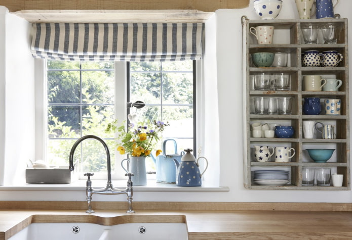 shelves in the interior of the kitchen in the Provence style