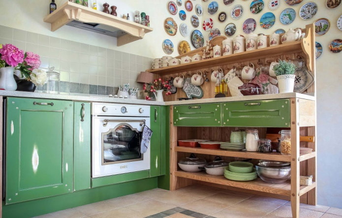 shelves in the kitchen interior in country style