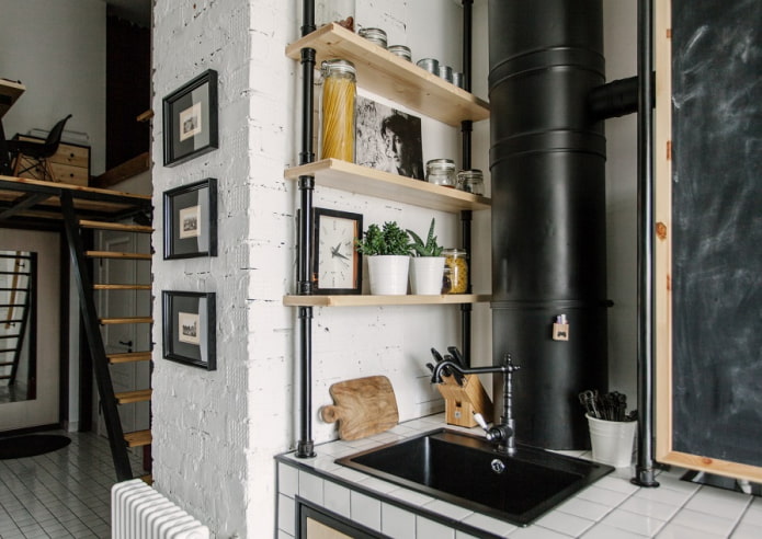 shelves above the sink in the kitchen interior