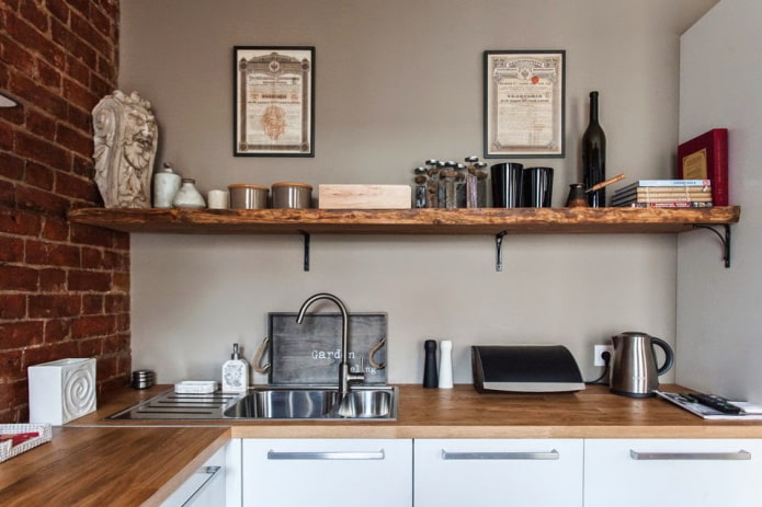 shelves in the interior of the kitchen in the loft style
