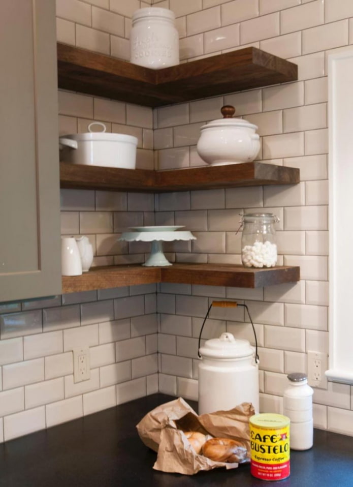shelves in the corner of the kitchen interior