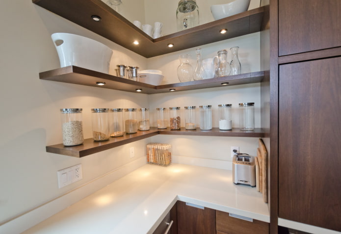 shelves in the corner of the kitchen interior