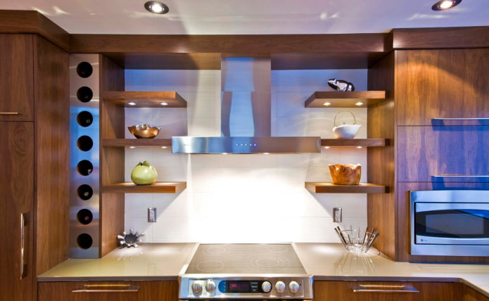 shelves with backlight in the kitchen interior