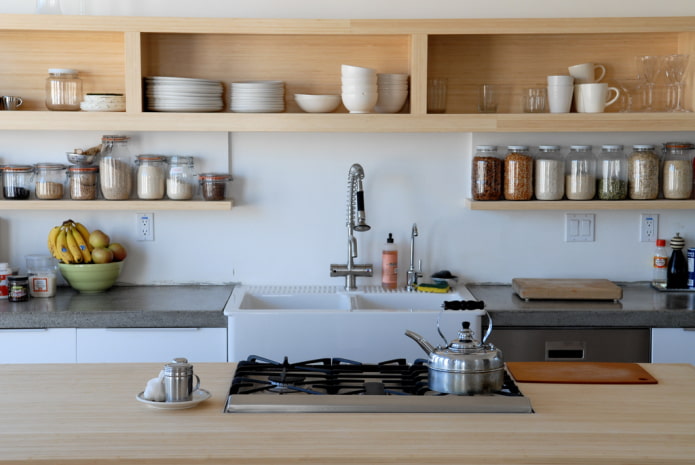 wall-mounted shelves in the kitchen interior